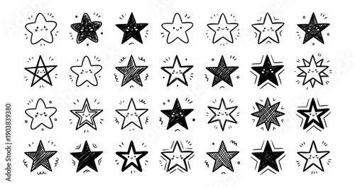 Hand Drawn Star Doodles Vector Set Black and White Sketchy Shapes Playful Outline and Filled Star Collection Graphic Design Elements Ratings Reviews Decoration