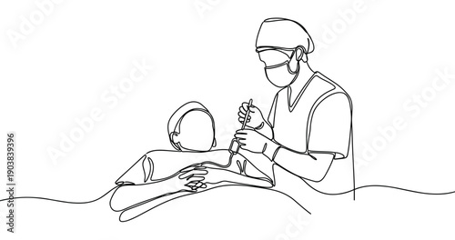Line art: healthcare worker administering vaccine to female patient. No editable stroke