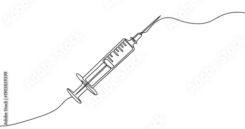 Line art of medical syringe with needle and dripping line. No editable stroke