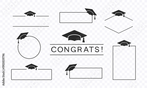 Graduate college, high school or university caps banners isolated on transparent background. Vector degree ceremony hats with line stroke borders. Black educational student symbols and blank frame set