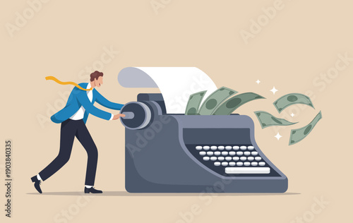 Businessman turning a crank on a typewriter to generate money and profit from writing.