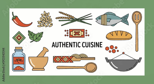 Delicious traditional and ethnic cuisine elements collection, featuring cooking tools, fresh ingredients, and spices for an authentic gastronomic experience