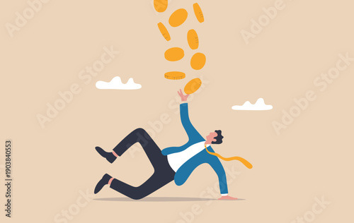 Businessman falling down with gold coins dropping from above representing financial loss.