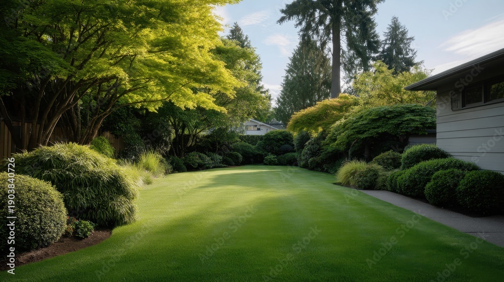 Fototapeta premium Serene and Lush Green Lawn Surrounded by Vibrant Shrubs and Trees in a Tranquil Garden Setting Under a Clear Blue Sky