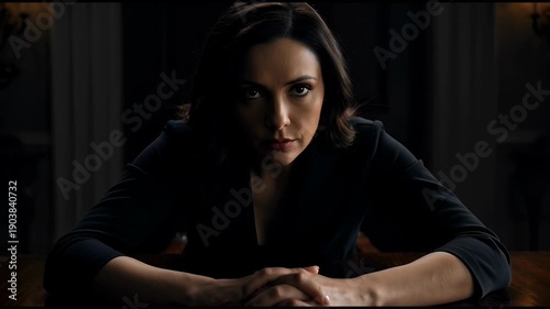A slow reveal shot of a serious woman in a black blazer sitting at a dark wooden table, clasping her hands. Dramatic lighting emphasizes her intense gaze.