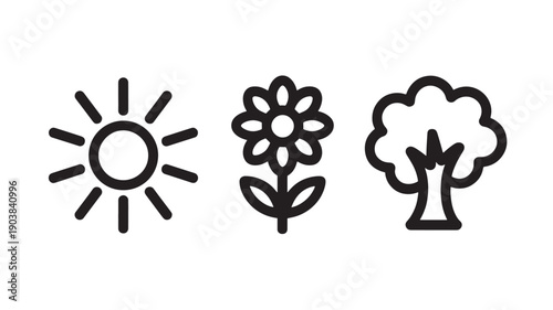 Simple Line Icons of Sun, Flower, and Tree in Minimalist Style with Black Color on White Background for Environmental