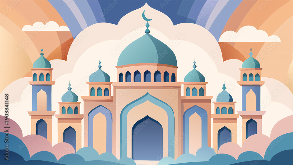Fototapeta premium Eid Mubarak Islamic Celebration Background – Festive Greeting with Mosque and Crescent Moon