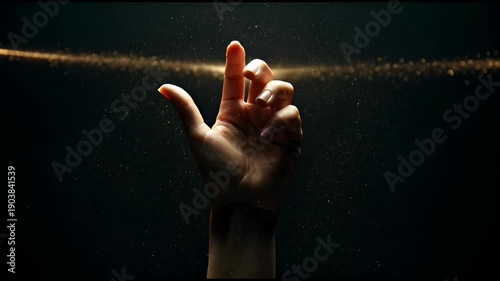 A dramatic close-up of a hand rising from darkness, surrounded by glowing golden particles, performing subtle gestures under focused light.