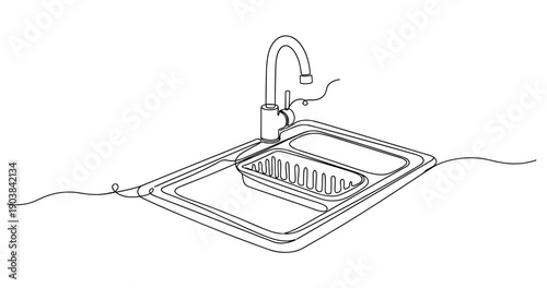 Line art of kitchen sink with faucet and draining rack. Non editable stroke