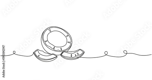 Minimalist continuous line drawing of a coconut with slices. Non editable stroke