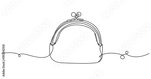 Minimalist one-line drawing of a vintage purse on white background. Non editable stroke