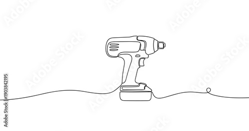 Continuous line drawing of cordless drill on white background. Non editable stroke