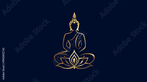 Golden Spiritual Meditation Figure Silhouette with Lotus Flower Icon. Elegant Yoga, Wellness, and Inner Peace Concept Vector Art.