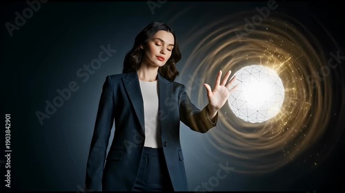 Professional woman interacts with a glowing geometric orb, absorbing golden energy that briefly shows an X-ray visualization of her internal bones.