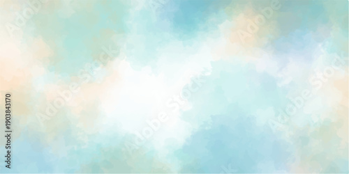 Abstract watercolor background with colorful splashes depicting a bright summer sky with fluffy white clouds and beautiful sunlight in a serene blue atmosphere
