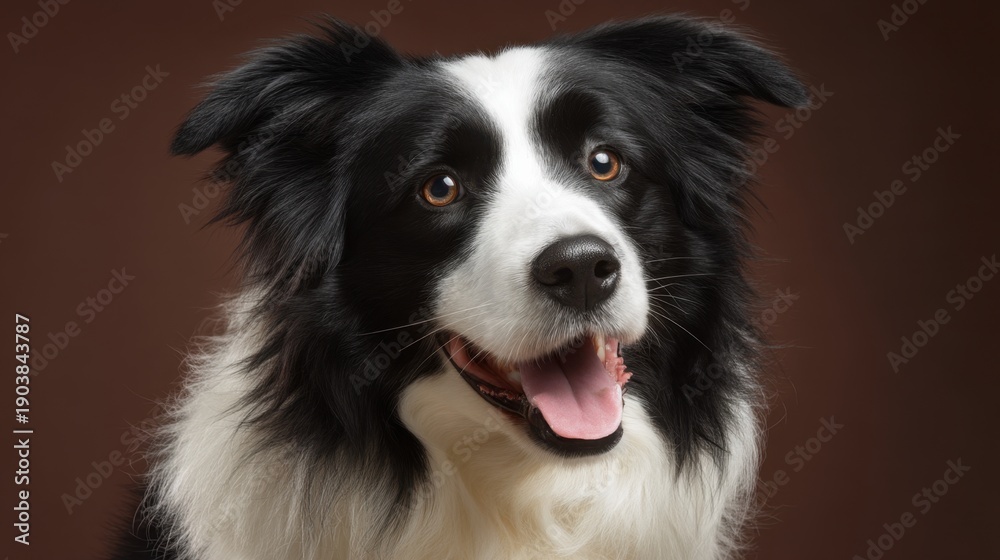 Fototapeta premium Charming Border Collie with Playful Expression Against a Simple Brown Background, Showcasing the Dog's Unique Features and Friendly Personality
