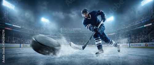 Dynamic ice hockey player in action indoor arena sports photography competitive environment low angle view high energy gameplay captured in motion