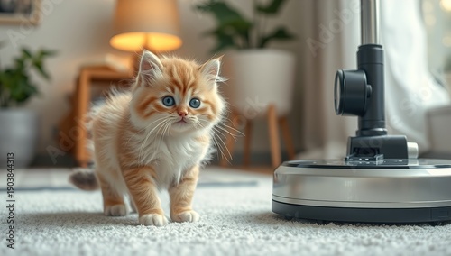Adorable fluffy kitten playing indoors, cozy home lifestyle
