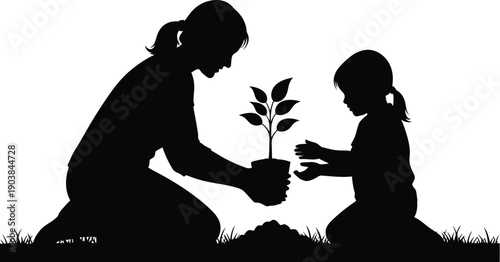 Mother and child silhouettes kneel together to plant a small seedling into the ground symbolizing generational care for nature's growth.