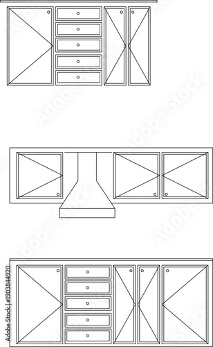 Technical vector illustration of kitchen cabinet elevations, featuring modular drawers, upper cupboards, and a range hood in minimalist line art.