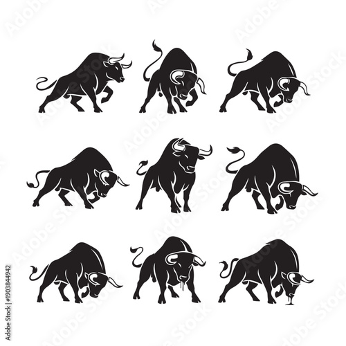 Bull Silhouettes Set Charging and Rearing Stock Vector Graphics