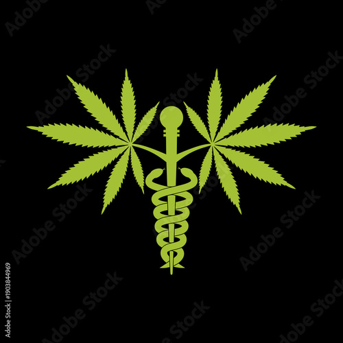 Medical Marijuana Plant Caduceus icon isolated on black background