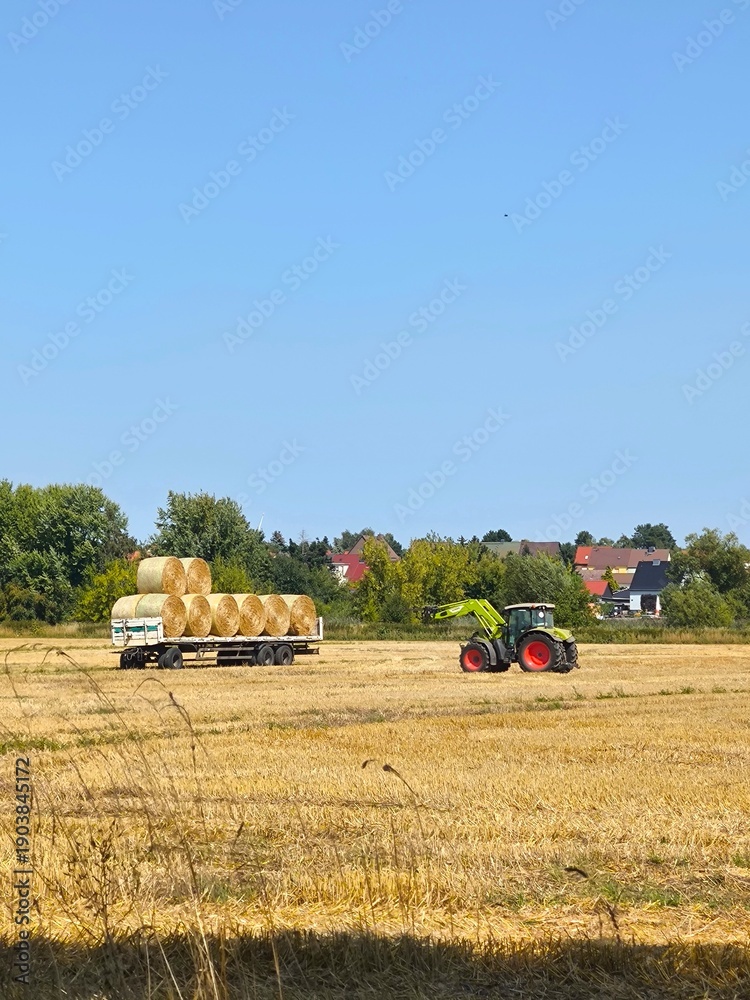 Obraz premium Harvesting: tractor with trailer full of hay