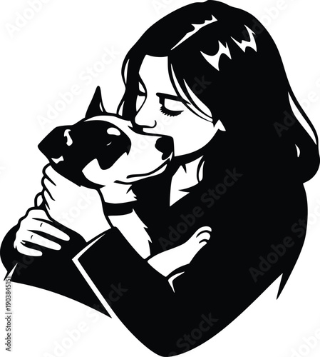 Pet Owner Cuddling Dog Silhouette Emotional Bond Human Animal Love Relationship Black White Vector Illustration