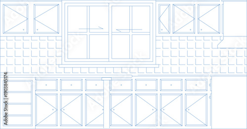 Technical blue line vector illustration of a kitchen wall elevation, featuring a large sliding window, upper cabinets, and base storage units