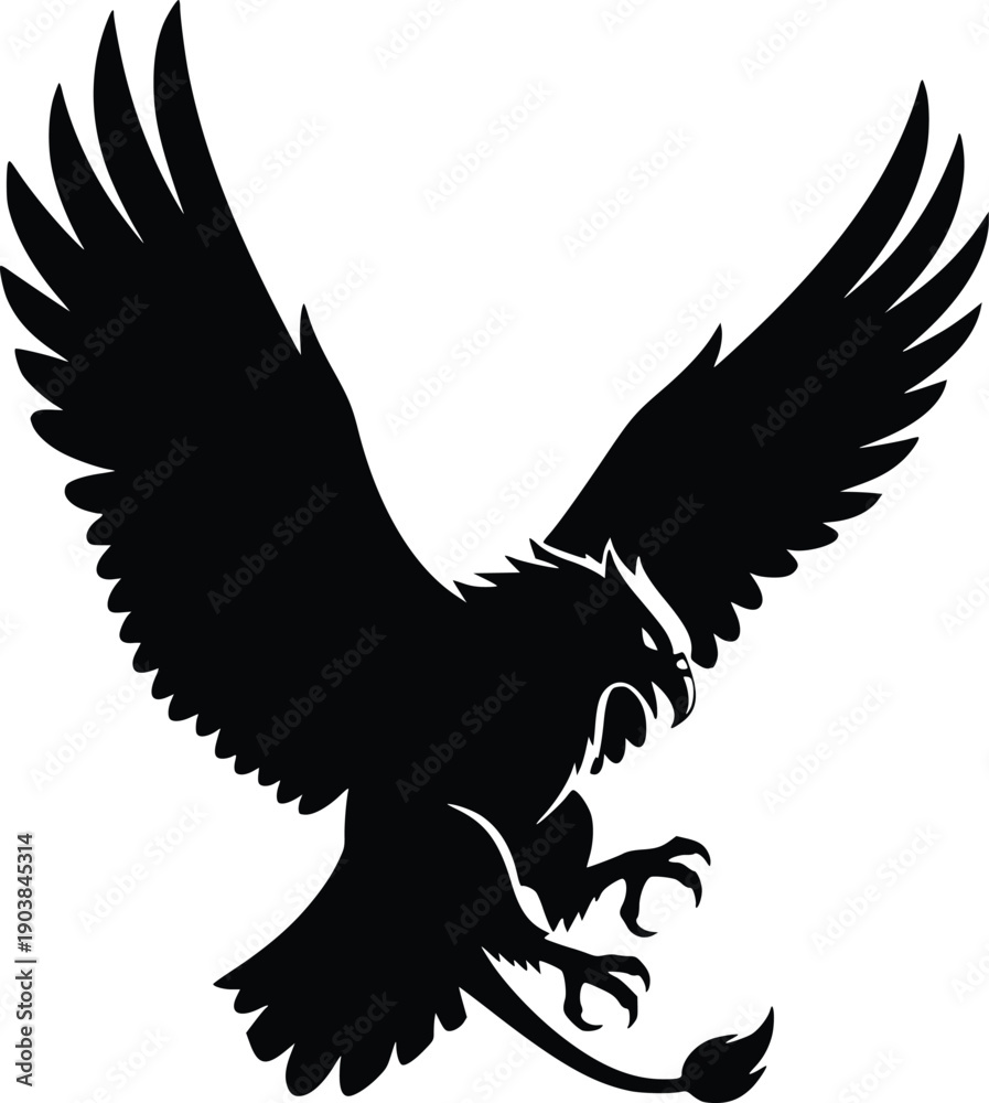 Obraz premium Flying Eagle Silhouette, Fantasy and Wildlife Bird Wings Spread Black Vector Illustration