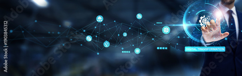 Photography Digital Transformation, Businessman hand touching the global networking and digi