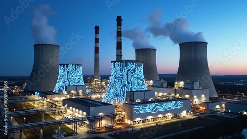 Wallpaper Mural Modern power plant with illuminated cooling towers at dusk industrial energy production concept clean technology and infrastructure Torontodigital.ca