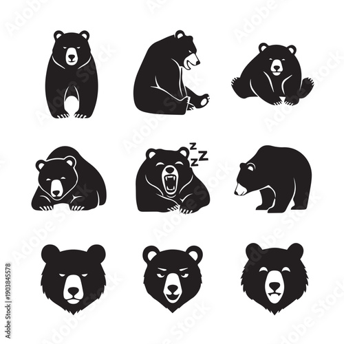 Collection of Black Bear Icons and Silhouettes in Various Poses and Expressions