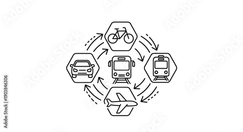 Transportation modes illustration with various vehicles.