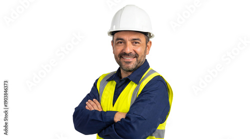 Smiling construction worker wearing helmet and reflective vest with arms crossed
