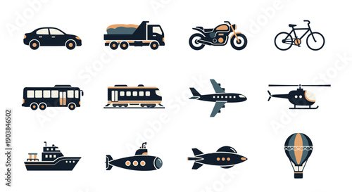 Various modes of transportation and vehicles icons set.