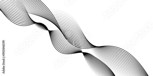 Elegant black and white tie illustration on white background featuring a blue wavy gradient pattern with digital vector lines and a stylish motion curve design
