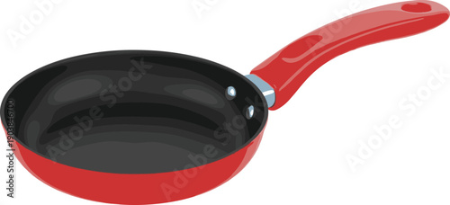 Illustration of red frying pan with black non‑stick interior, ergonomic handle, riveted design, modern kitchen cookware artwork for cooking, culinary, and household equipment projects
