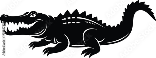 Alligator silhouette vector illustration, fierce reptile artwork, black and white graphic design, crawling predator pose, sharp teeth, jagged scales, powerful tail, bold animal art