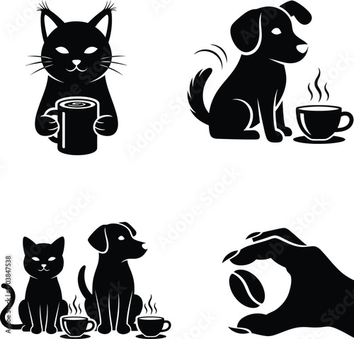 Cat and dog cafe icons set featuring black silhouettes of pets sitting with coffee cups and a hand holding a bean isolated on white background vector.