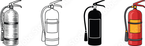 Fire extinguisher illustration set, safety equipment icons, emergency firefighting tools, flat vector designs, black white red styles isolated background collection