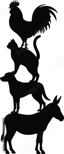 Silhouette vector illustration of Bremen Town Musicians, donkey dog cat rooster stacked together, fairy tale teamwork, German folklore, creative animal art design