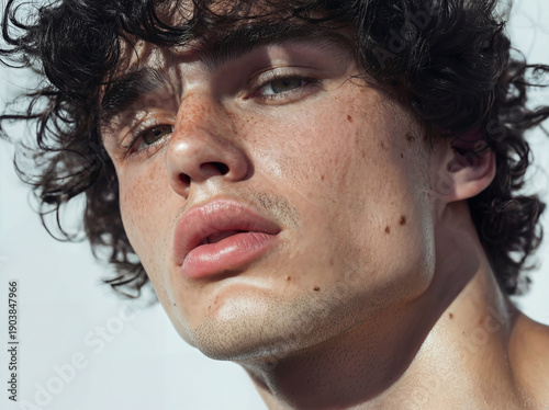 jeune homme aux cheveux bouclés noir et taches de rousseur, barbe naissante, lèvres pulpeuses, lumière naturelle solaire, légère contre plongée