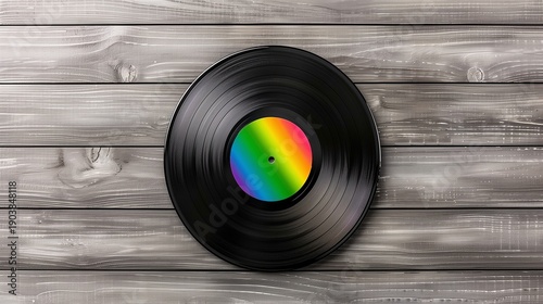 Vinyl record with colorful label on wooden surface during daylight