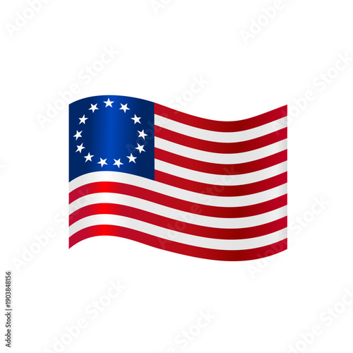 Waving Betsy Ross flag of the United States, vector icon isolated on white background