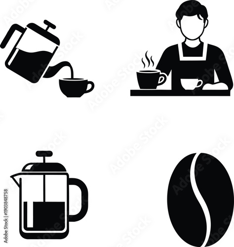 Coffee brewing set featuring barista serving espresso french press pouring into cup and roasted coffee bean black silhouette icons isolated on white.