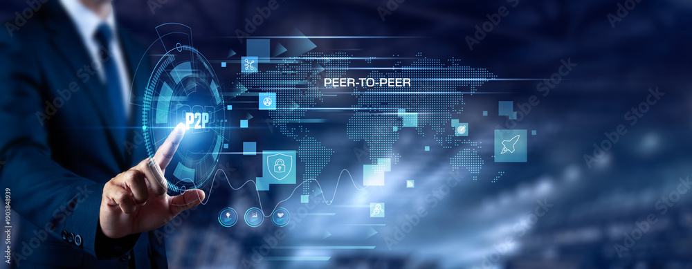 Fototapeta premium Businessman touching Peer-to-Peer and networking. Decentralized connection, direct data exchange, blockchain system, digital collaboration, distributed technology concept.