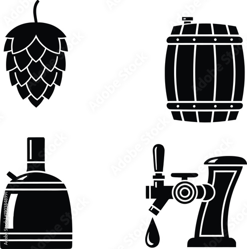 Brewery elements set including hop cone wooden barrel beer tank and tap with drop black silhouette vector icons isolated on white background for pub.