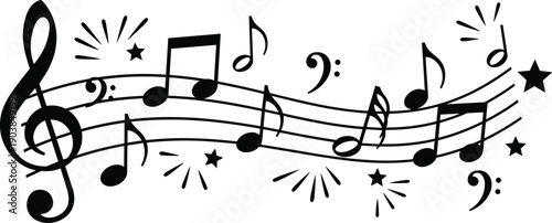 Musical notes and symbols on a staff with fireworks