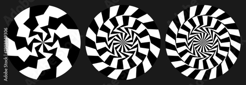 Sharp star shape lines pattern, spiral vortex black and white vector set.